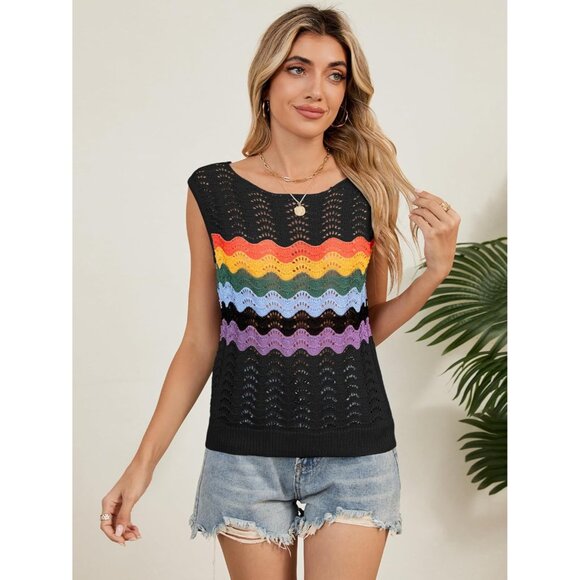 Takeyal Women Black Sleeveless Crochet Tank Casual Summer Striped Sweaters - Picture 2 of 7